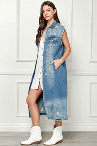 Veveret Full Size Distressed Sleeveless Longline Denim Jacket - Happily Ever Atchison Shop Co.