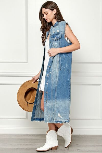 Veveret Full Size Distressed Sleeveless Longline Denim Jacket - Happily Ever Atchison Shop Co.