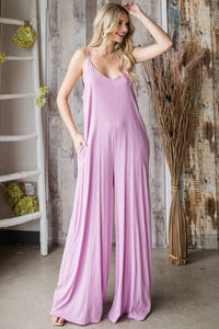 Veveret Pocketed Spaghetti Strap V - Neck Wide Leg Jumpsuit - Happily Ever Atchison Shop Co.