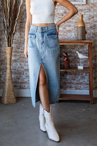 Veveret Slit Mid Rise Waist Denim Skirt - Happily Ever Atchison Shop Co.