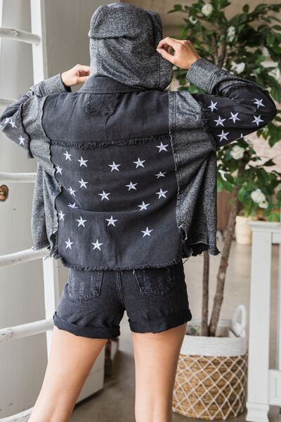 Veveret Star Embroidered Hooded Denim Jacket - Happily Ever Atchison Shop Co.