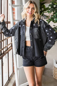 Veveret Star Embroidered Hooded Denim Jacket - Happily Ever Atchison Shop Co.