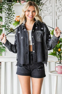 Veveret Star Embroidered Hooded Denim Jacket - Happily Ever Atchison Shop Co.