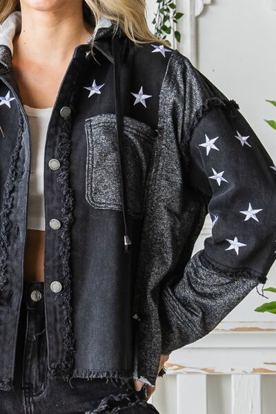 Veveret Star Embroidered Hooded Denim Jacket - Happily Ever Atchison Shop Co.