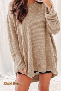 Waffle Knit Drop Sleeve Side Slits Oversized Top - Happily Ever Atchison Shop Co.