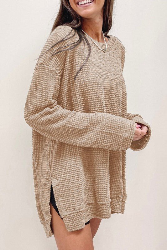 Waffle Knit Drop Sleeve Side Slits Oversized Top - Happily Ever Atchison Shop Co.