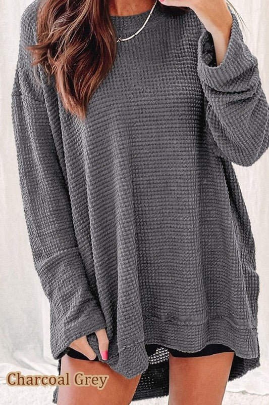 Waffle Knit Drop Sleeve Side Slits Oversized Top - Happily Ever Atchison Shop Co.