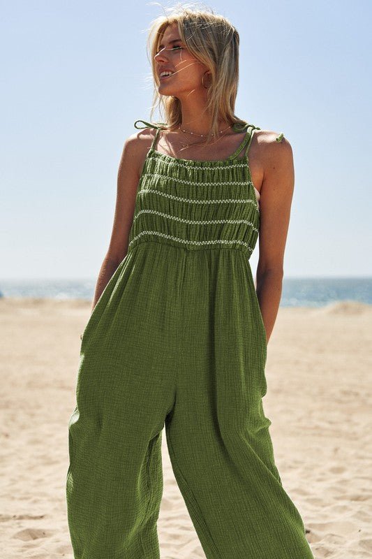 Washed Multi Smocked Detail Tie Straps Jumpsuit - Happily Ever Atchison Shop Co.