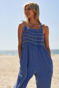 Washed Multi Smocked Detail Tie Straps Jumpsuit - Happily Ever Atchison Shop Co.