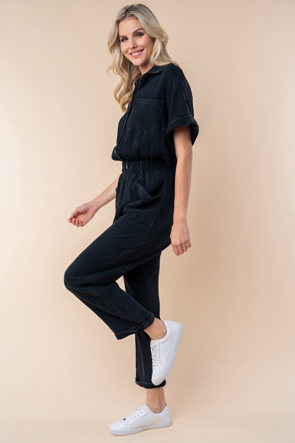 White Birch Texture Short Sleeve Jumpsuit - Happily Ever Atchison Shop Co.