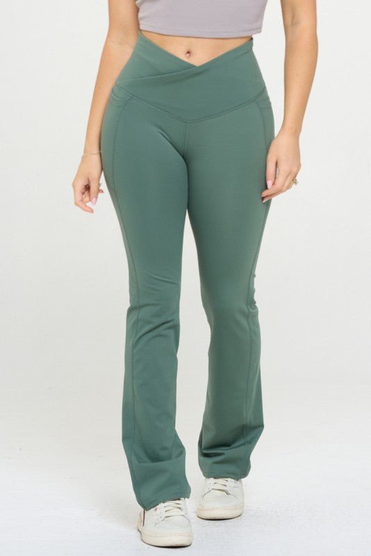 Women Crossover Flare Legging High Waisted Pockets - Happily Ever Atchison Shop Co.