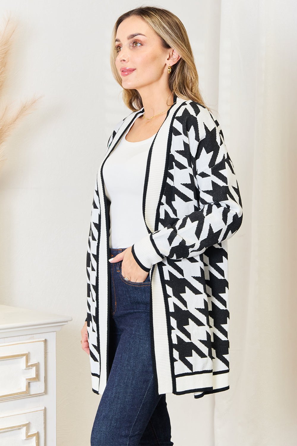 Woven Right Houndstooth Open Front Longline Cardigan - Happily Ever Atchison Shop Co.