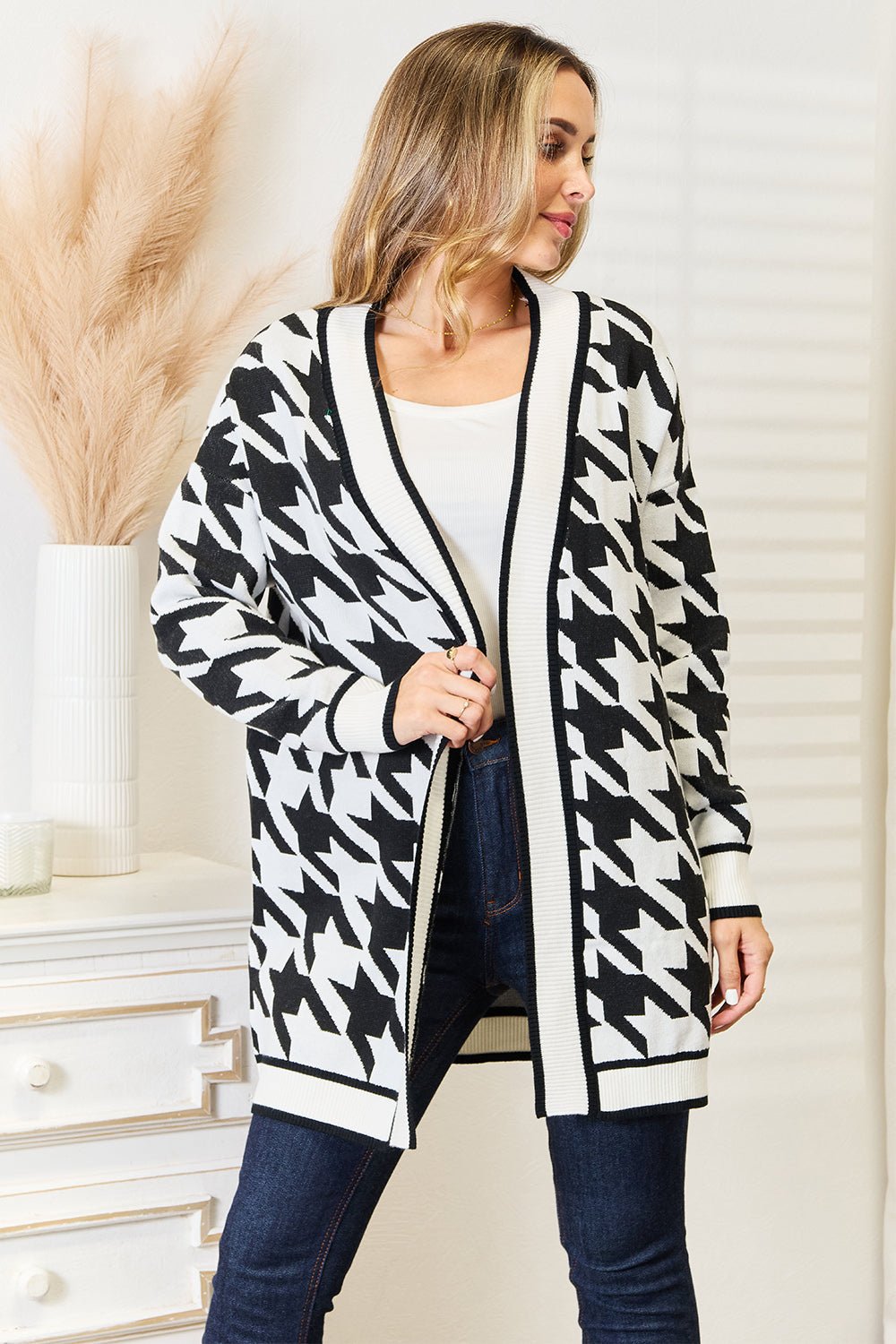 Woven Right Houndstooth Open Front Longline Cardigan - Happily Ever Atchison Shop Co.