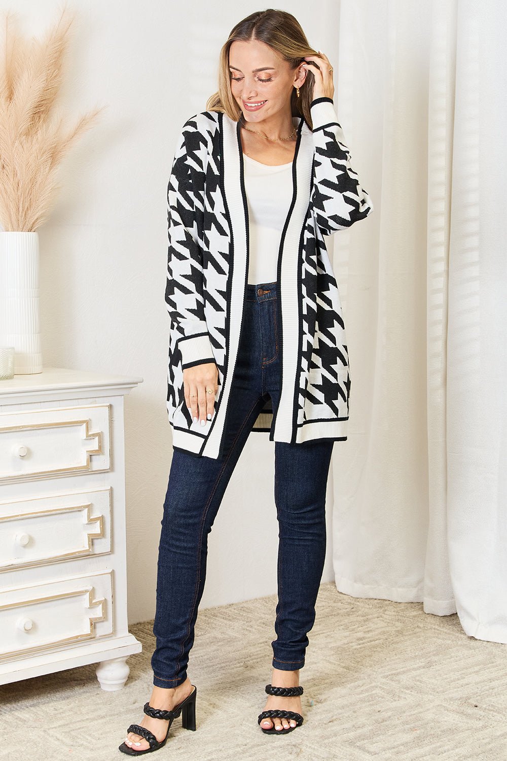 Woven Right Houndstooth Open Front Longline Cardigan - Happily Ever Atchison Shop Co.