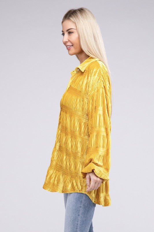 Wrinkle Effect Tiered Shirring Velvet Shirt - Happily Ever Atchison Shop Co.