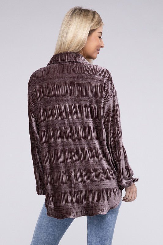 Wrinkle Effect Tiered Shirring Velvet Shirt - Happily Ever Atchison Shop Co.