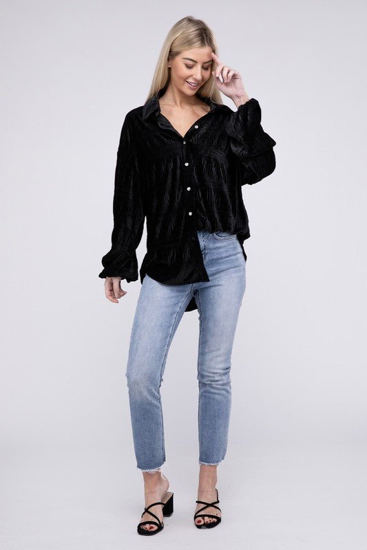 Wrinkle Effect Tiered Shirring Velvet Shirt - Happily Ever Atchison Shop Co.