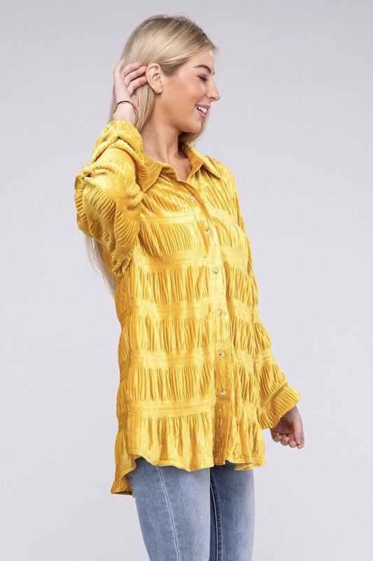 Wrinkle Effect Tiered Shirring Velvet Shirt - Happily Ever Atchison Shop Co.