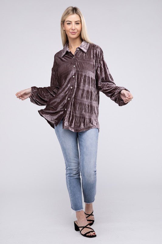 Wrinkle Effect Tiered Shirring Velvet Shirt - Happily Ever Atchison Shop Co.