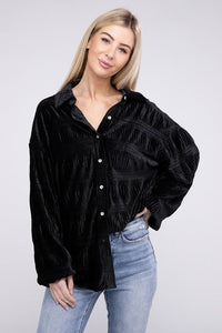 Wrinkle Effect Tiered Shirring Velvet Shirt - Happily Ever Atchison Shop Co.