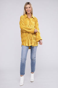 Wrinkle Effect Tiered Shirring Velvet Shirt - Happily Ever Atchison Shop Co.