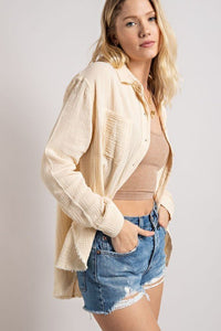 WRINKLED GAUZE BUTTON DOWN SHIRT WITH ROUGH EDGING - Happily Ever Atchison Shop Co.