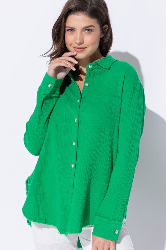 WRINKLED GAUZE BUTTON DOWN SHIRT WITH ROUGH EDGING - Happily Ever Atchison Shop Co.