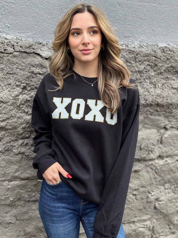 XOXO faux Patch Black Sweatshirt - Happily Ever Atchison Shop Co.