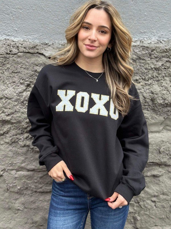 XOXO faux Patch Black Sweatshirt - Happily Ever Atchison Shop Co.