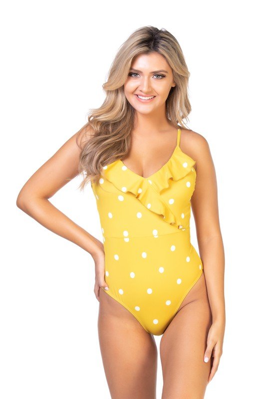 YELLOW POLKA DOTS RUFFLE ONE PIECE SWIMSUIT - Happily Ever Atchison Shop Co.