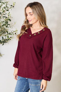 Zenana Buttoned V - Neck Long Sleeve Blouse - Happily Ever Atchison Shop Co.