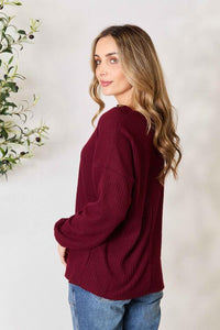 Zenana Buttoned V - Neck Long Sleeve Blouse - Happily Ever Atchison Shop Co.