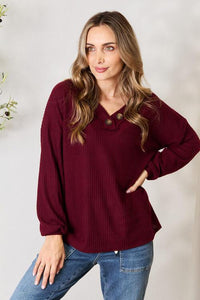 Zenana Buttoned V - Neck Long Sleeve Blouse - Happily Ever Atchison Shop Co.