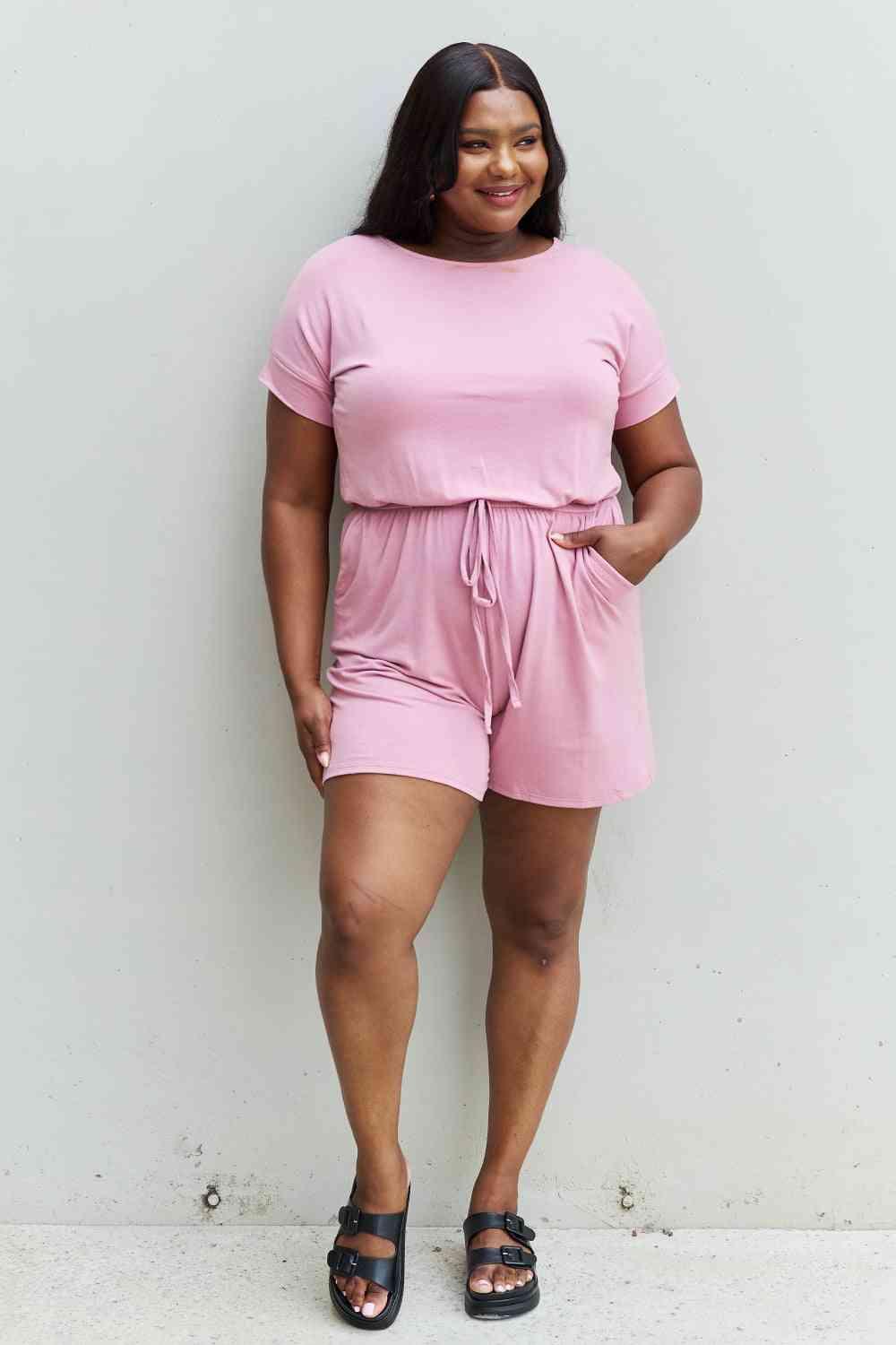 Zenana Chilled Out Full Size Short Sleeve Romper in Light Carnation Pink - Happily Ever Atchison Shop Co.