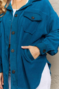 Zenana Cozy in the Cabin Full Size Fleece Elbow Patch Shacket in Teal - Happily Ever Atchison Shop Co.