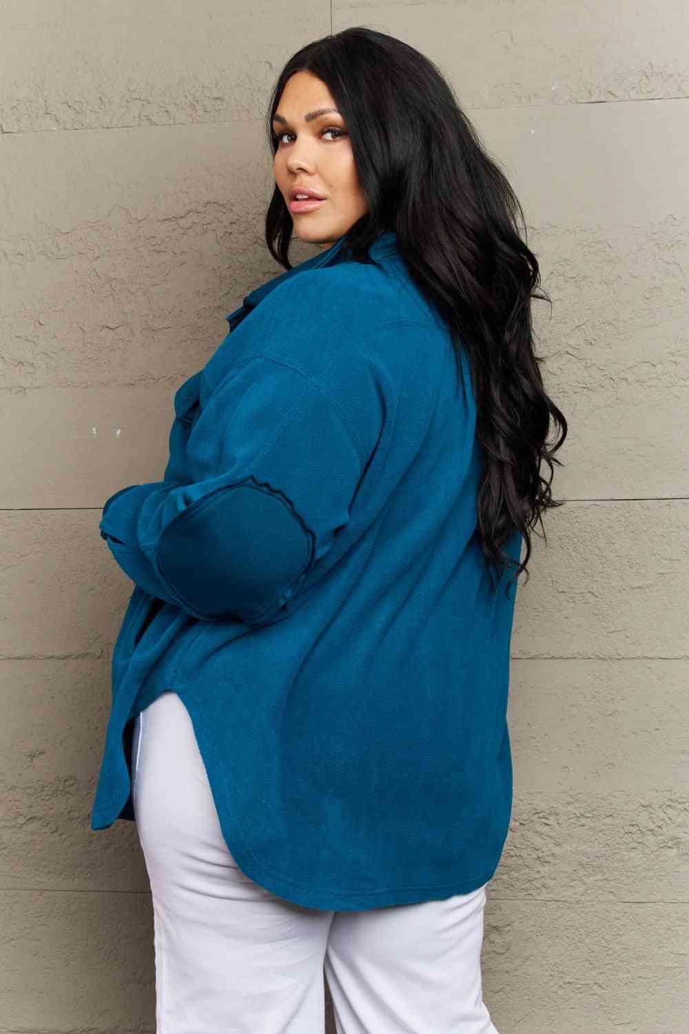 Zenana Cozy in the Cabin Full Size Fleece Elbow Patch Shacket in Teal - Happily Ever Atchison Shop Co.