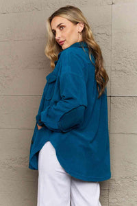 Zenana Cozy in the Cabin Full Size Fleece Elbow Patch Shacket in Teal - Happily Ever Atchison Shop Co.