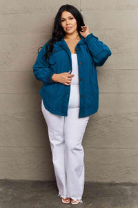 Zenana Cozy in the Cabin Full Size Fleece Elbow Patch Shacket in Teal - Happily Ever Atchison Shop Co.