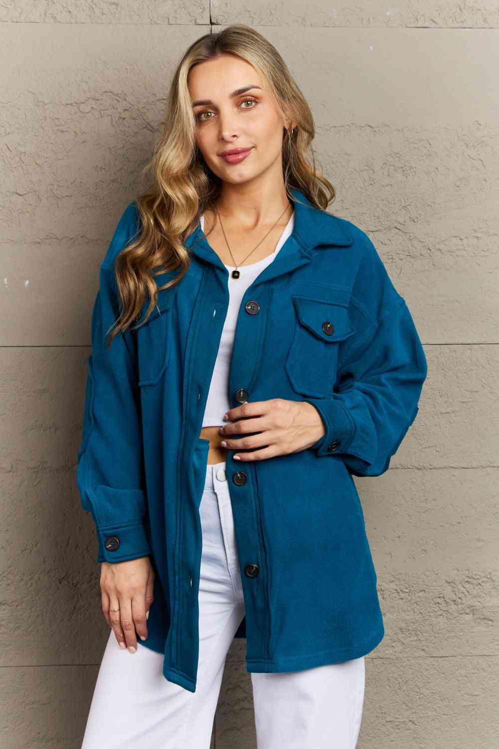 Zenana Cozy in the Cabin Full Size Fleece Elbow Patch Shacket in Teal - Happily Ever Atchison Shop Co.