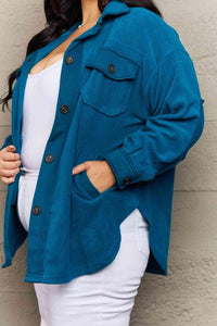 Zenana Cozy in the Cabin Full Size Fleece Elbow Patch Shacket in Teal - Happily Ever Atchison Shop Co.