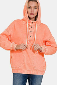 Zenana Drawstring Half Snap Dropped Shoulder Hoodie - Happily Ever Atchison Shop Co.