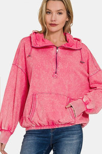 Zenana Drawstring Half Zip Dropped Shoulder Hoodie - Happily Ever Atchison Shop Co.