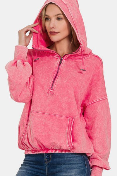 Zenana Drawstring Half Zip Dropped Shoulder Hoodie - Happily Ever Atchison Shop Co.