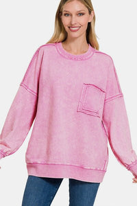 Zenana Exposed Seam Round Neck Dropped Shoulder Sweatshirt - Happily Ever Atchison Shop Co.