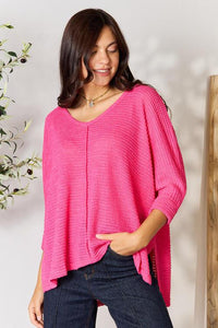 Zenana Full Size Round Neck High - Low Slit Knit Top - Happily Ever Atchison Shop Co.