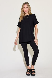 Zenana Full Size Short Sleeve Slit T - Shirt and Leggings Lounge Set - Happily Ever Atchison Shop Co.