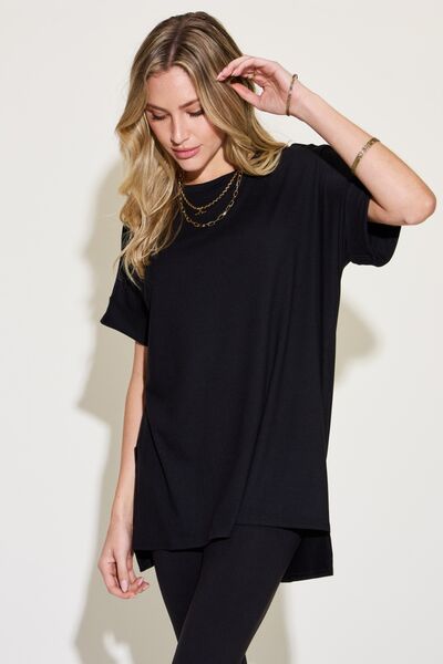 Zenana Full Size Short Sleeve Slit T - Shirt and Leggings Lounge Set - Happily Ever Atchison Shop Co.