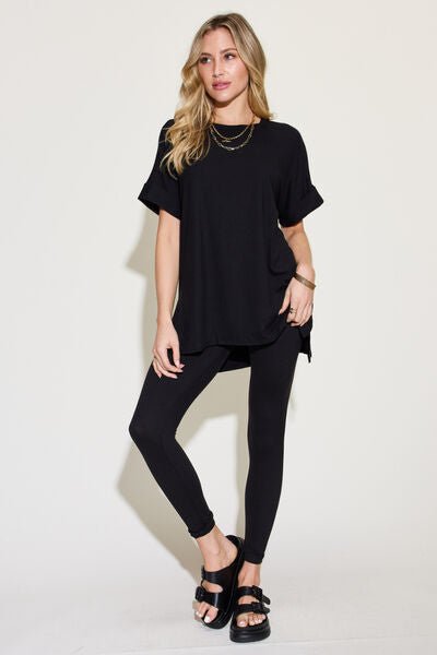 Zenana Full Size Short Sleeve Slit T - Shirt and Leggings Lounge Set - Happily Ever Atchison Shop Co.