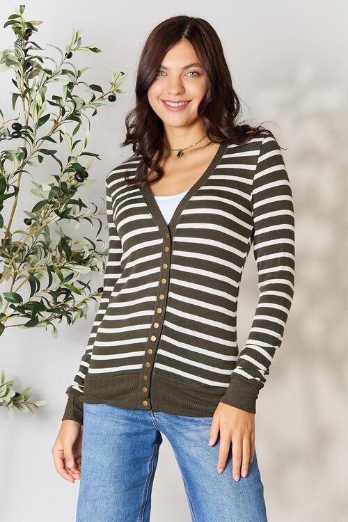 Zenana Full Size Striped Snap Down Cardigan - Happily Ever Atchison Shop Co.
