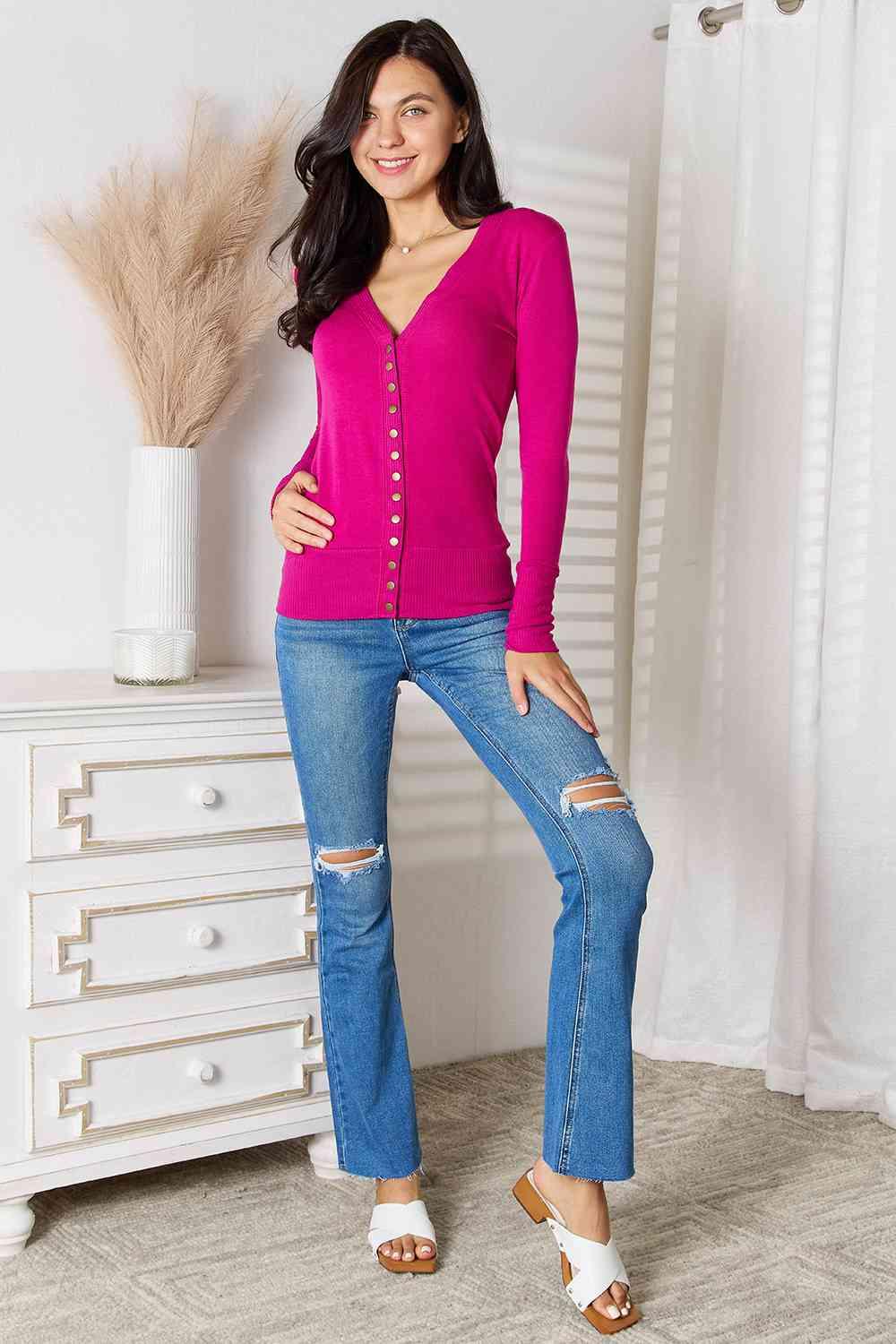 Zenana Full Size V - Neck Long Sleeve Cardigan - Happily Ever Atchison Shop Co.